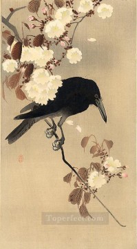  Cerezo Arte - cuervo en una rama de cerezo Ohara Koson Shin hanga